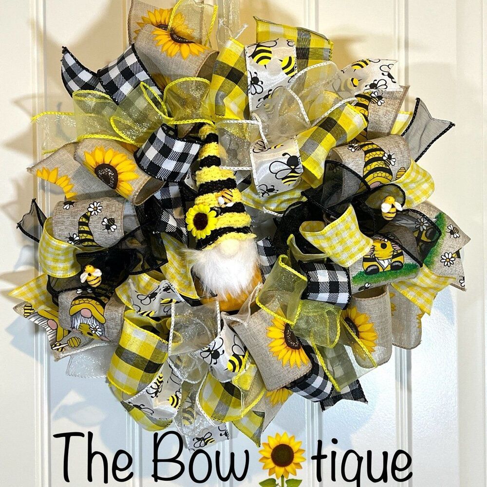 Handmade Sunflower Bee Ribbon Wreath 13 inches Honey Bee Gnome MW11
